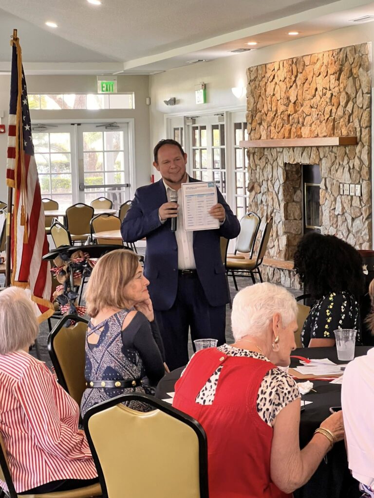 Nassau County School Board Vice Chair Joe Zimmerman presents information on the newly approved hardship transfer policy at a recent community event. Photo courtesy Joe Zimmerman