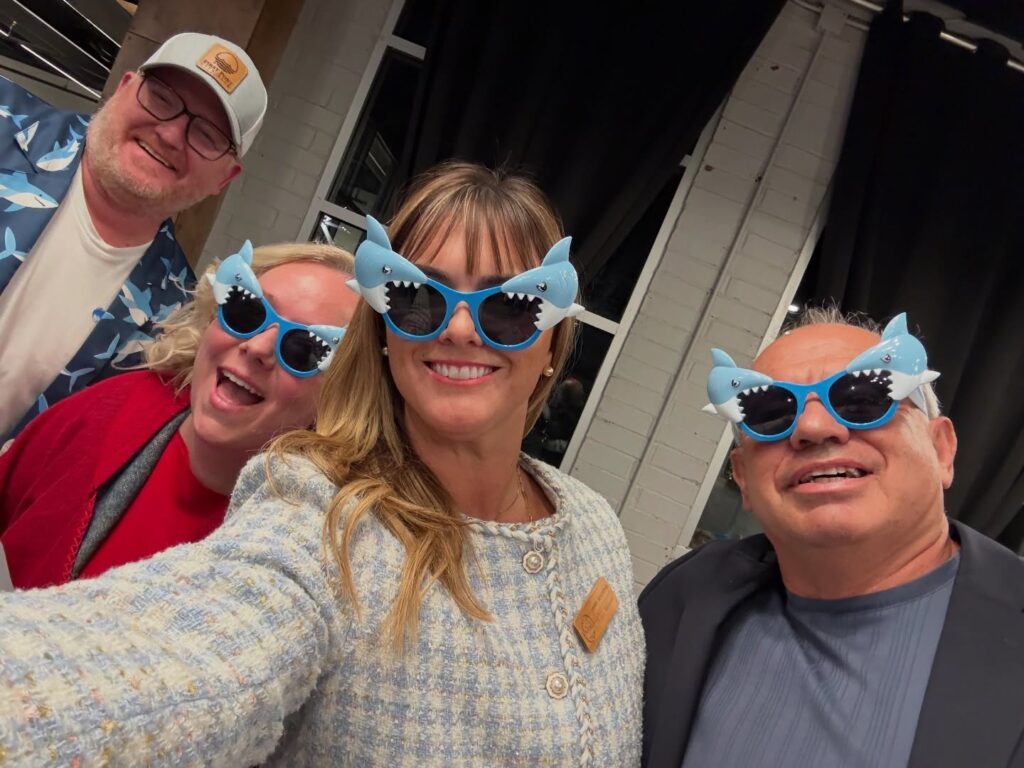 The shark panel included, from left, Michael Brooks with First Port City Bank, Tara Beth Anderson, president of Baptist Health Nassau, Jenny Schaffer, owner of Summer House Realty and Cezar Gonzalez, former director of the local YMCA. Photo courtesy Nassau Education Foundation