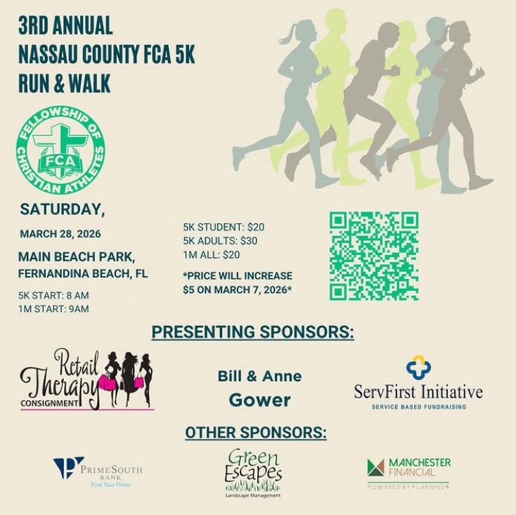 The third annual Nassau County FCA 5K Run and Walk will be held March 28 at Main Beach. The 5K starts at 8 a.m., followed by the one-mile start at 9 a.m.