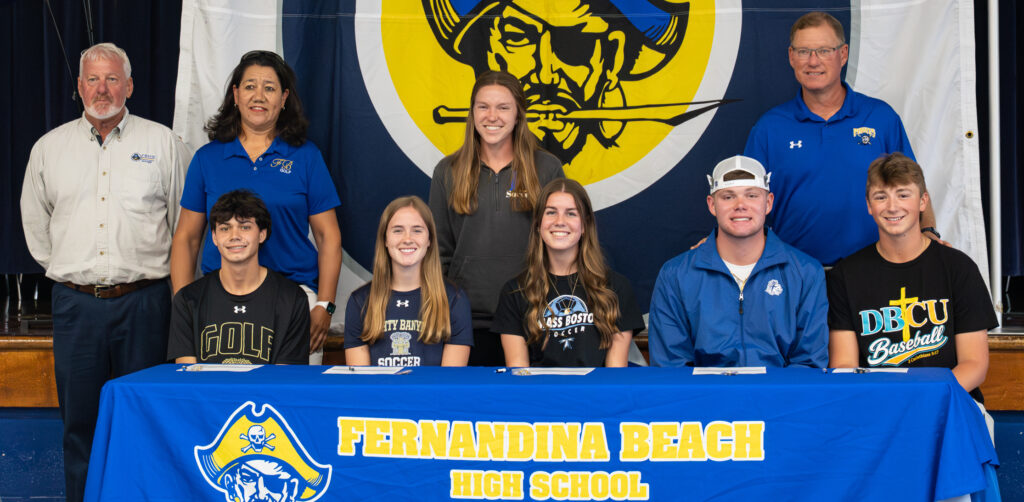 FBHS had five student-athletes sign national letters of intent April 29 to compete in their respective sport on the college level. They include, seated from left, Brady Steffen (golf), Sarah Benjamin and Charleston Knight (girls soccer), and Lucas Hutchinson and Conner Bayless (baseball). Also pictured are, back row from left, athletic director Mike Woodard, head golf coach Christina Steffen, head girls soccer coach Amy Strozinsky and head baseball coach Jon Shave. Photo by Penny Glackin/Special to Nassau NewsLine