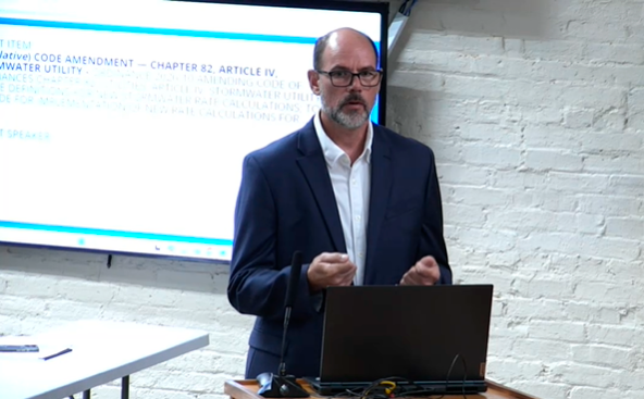 Utilities Director Andre Desilet presents proposed stormwater rate changes to the Fernandina Beach City Commission during its July 7 meeting. Photo courtesy City of Fernandina Beach