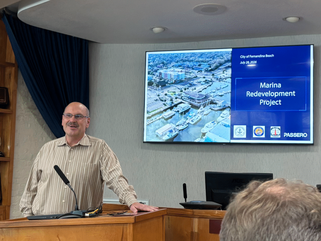 Project Manager Glen Akramoff discusses construction plans for the Fernandina Beach marina redevelopment during a stakeholder meeting Tuesday. Photo by Kate Kimmel/Nassau NewsLine